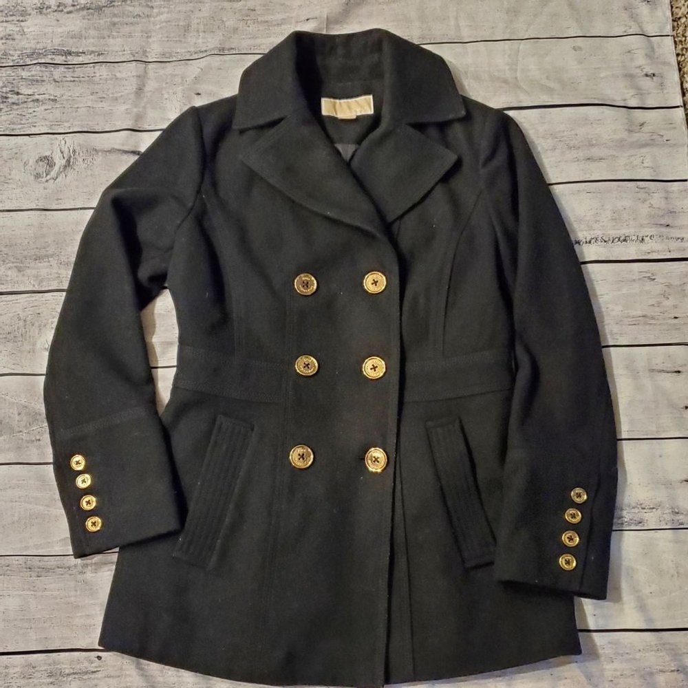 Michael Kors Double Breasted Women's Size 4 Wool PeaCoat Gold Buttons Pockets